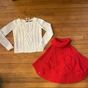 Cream Cable Knit Sweater and Red Poncho Cape Set GIRLS size 8/10